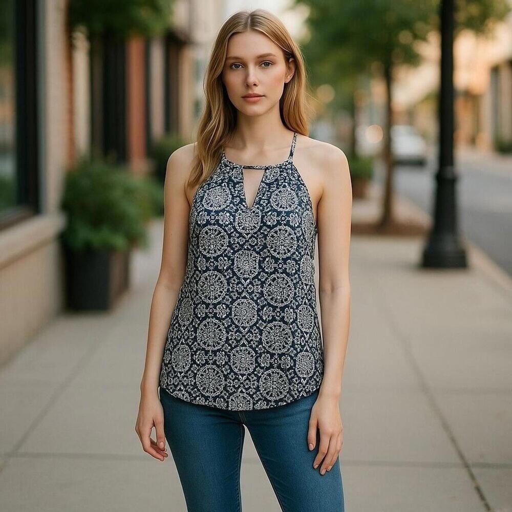 Papermoon Geometric Keyhole Halter Tank Top Womens S Navy White Boho